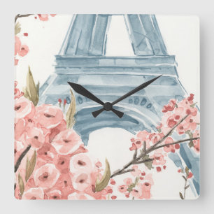 Paris Cherry Blossoms Square Wall Clock