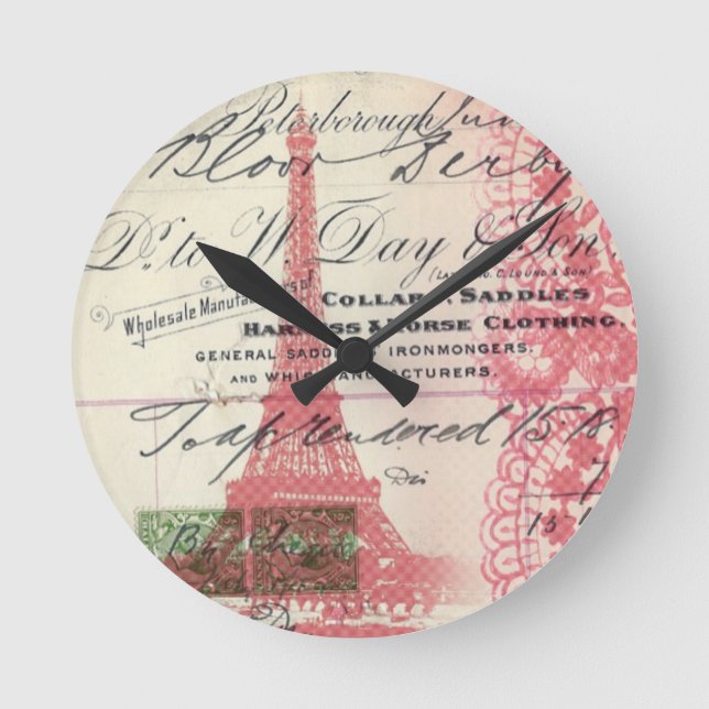 Paris chic french scripts lace pink eiffel tower round clock (Front)