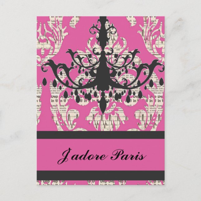 Paris chic hot pink damask vintage chandelier postcard (Front)