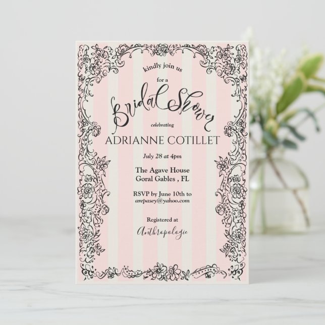 Paris Chic Ornate Pink Stripes Bridal Shower Invitation (Standing Front)