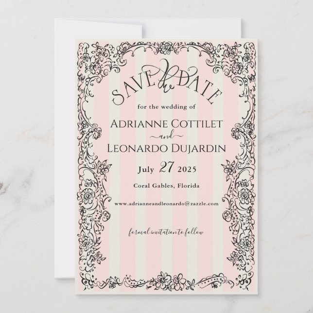 Paris Chic Ornate Pink Stripes Wedding  Save The Date (Front)