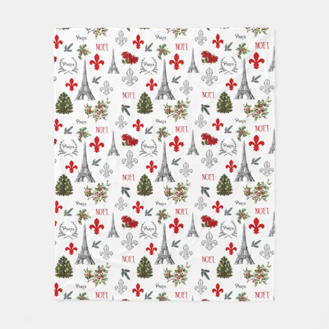 Paris Christmas Eiffel Tower White Fleece Blanket (Front)