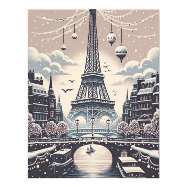Paris Christmas Poster – Eiffel Tower Snowy Winter (Front)
