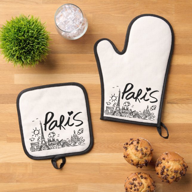 Paris City Doodle Oven Mitt & Pot Holder Set (Top Down)