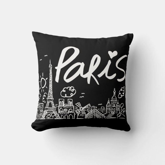Paris City Doodle Throw Pillow (Front)