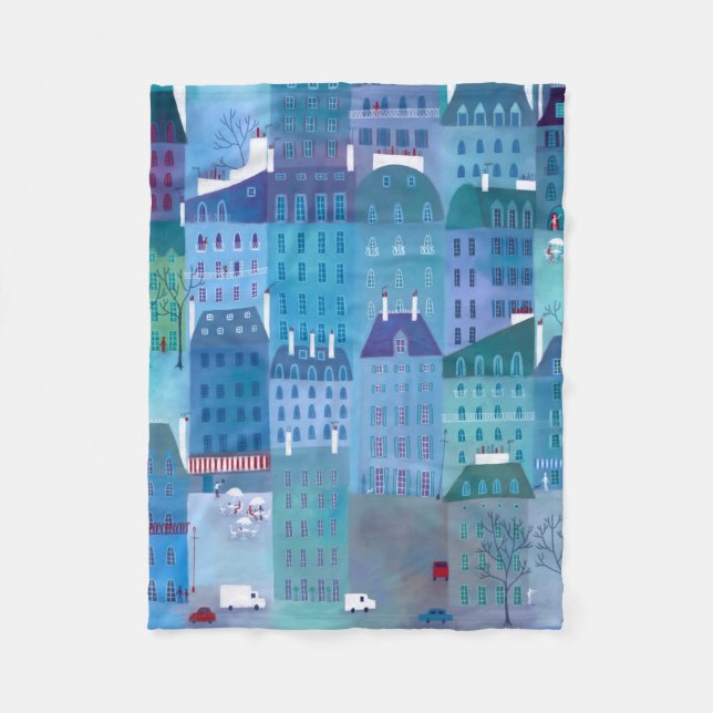 Paris Cityscape Painting in Blue Fleece Blanket (Front)