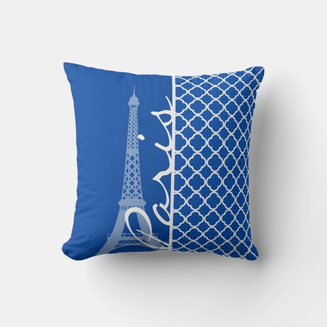Paris; Cobalt Blue Quatrefoil Throw Pillow (Front)