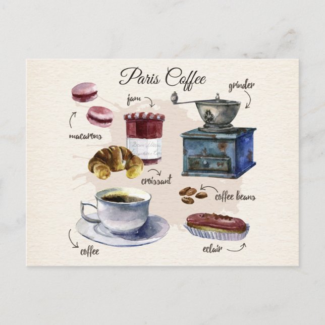 Paris coffee and pastry treats illustration postcard (Front)