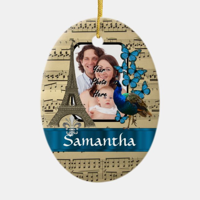 Paris collage on music sheet ceramic ornament (Front)