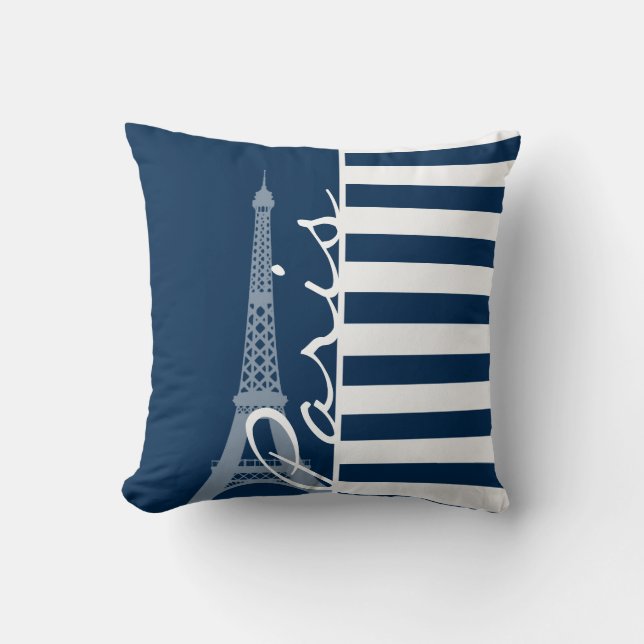 Paris; Dark Midnight Blue Horizontal Stripes Throw Pillow (Front)