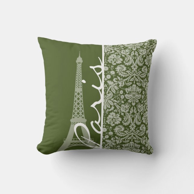 Paris; Dark Moss Green Damask Throw Pillow (Front)