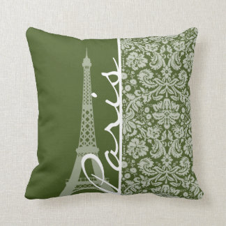 Paris; Dark Moss Green Damask Throw Pillow