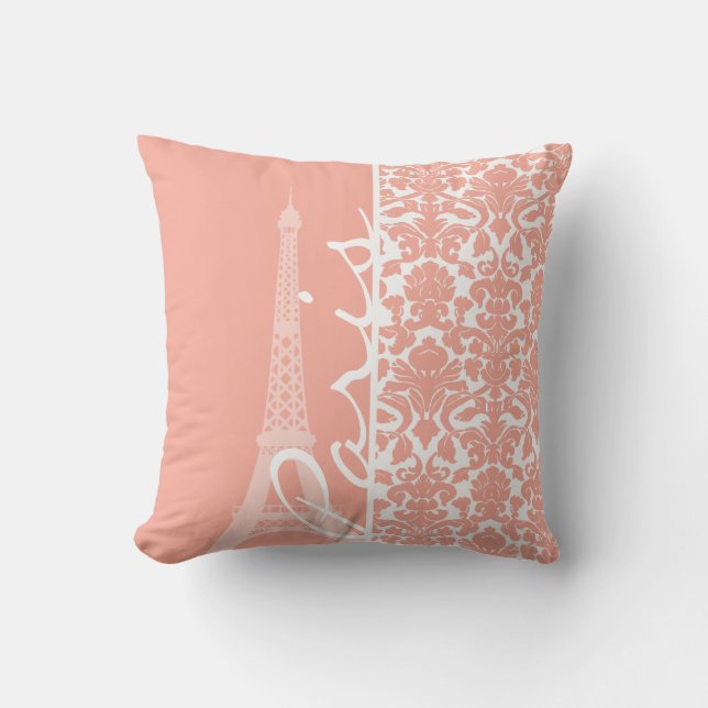Paris; Deep Peach Damask Throw Pillow (Front)