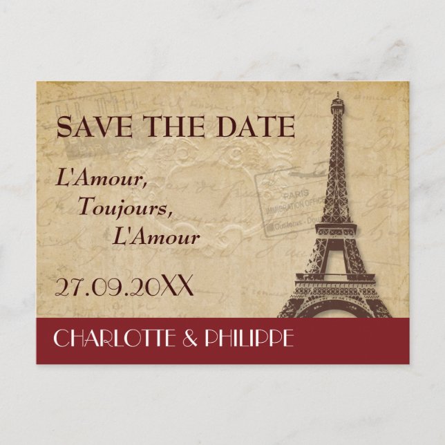 Paris Destination Wedding Save the Date Announcement Postcard (Front)