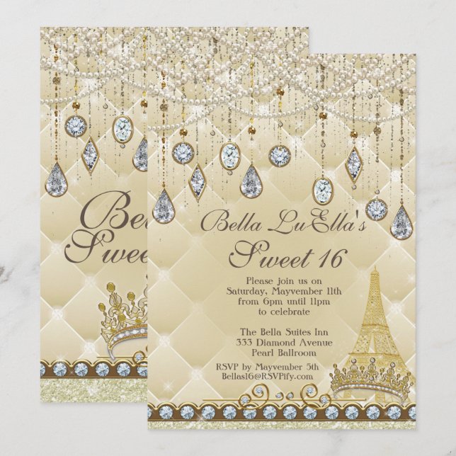 Paris Diamond et Perles Invitations de fête d'anni (Devant / Derrière)