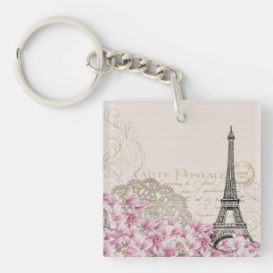 Paris Eifel Tower Square Vintage Pink Roses Art Keychain