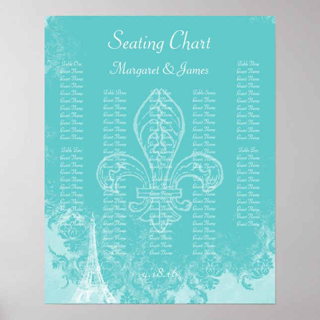 Paris Eiffel Aqua Vintage Damask Seating Chart (Front)