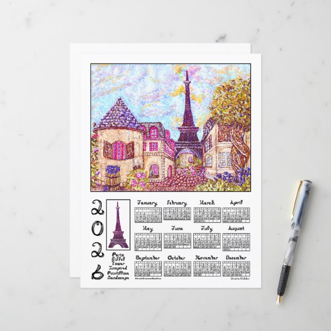 Paris Eiffel Pointillism Landscape 2026 Calendar (Front/Back In Situ)