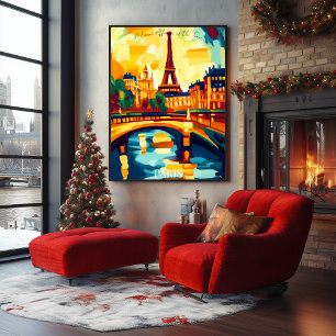 Paris Eiffel Tower and Bridge in Abstract Fauvist  Poster