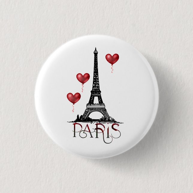 Paris, Eiffel Tower and Red Heart Balloons 1 Inch Round Button (Front)