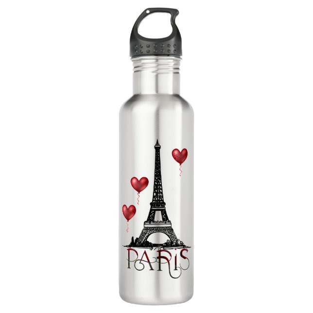 Paris, Eiffel Tower and Red Heart Balloons 710 Ml Water Bottle (Front)