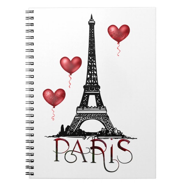 Paris, Eiffel Tower and Red Heart Balloons Notebook (Front)