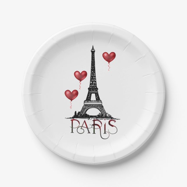 Paris, Eiffel Tower and Red Heart Balloons Paper Plate (Front)