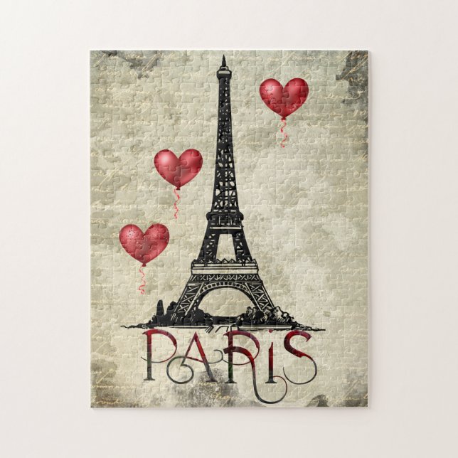 Paris, Eiffel Tower and Red Heart Balloons Script Jigsaw Puzzle (Vertical)