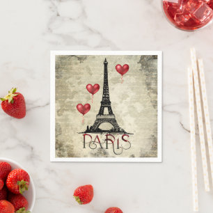 Paris, Eiffel Tower and Red Heart Balloons Script Napkin