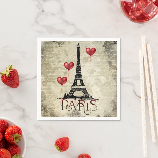 Paris, Eiffel Tower and Red Heart Balloons Script Napkin (Insitu)