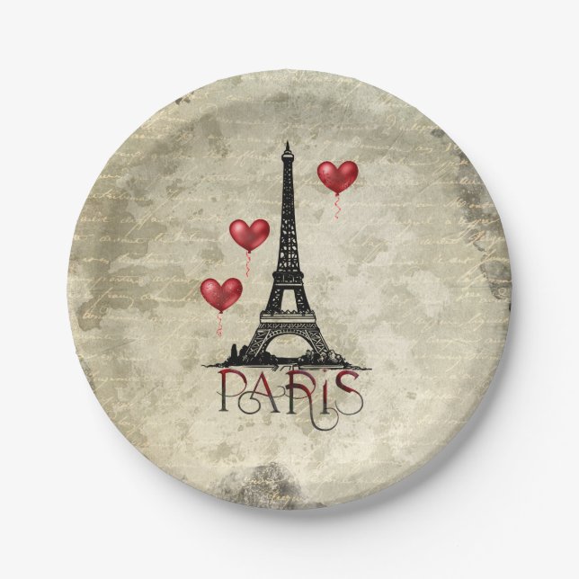 Paris, Eiffel Tower and Red Heart Balloons Script Paper Plate (Front)
