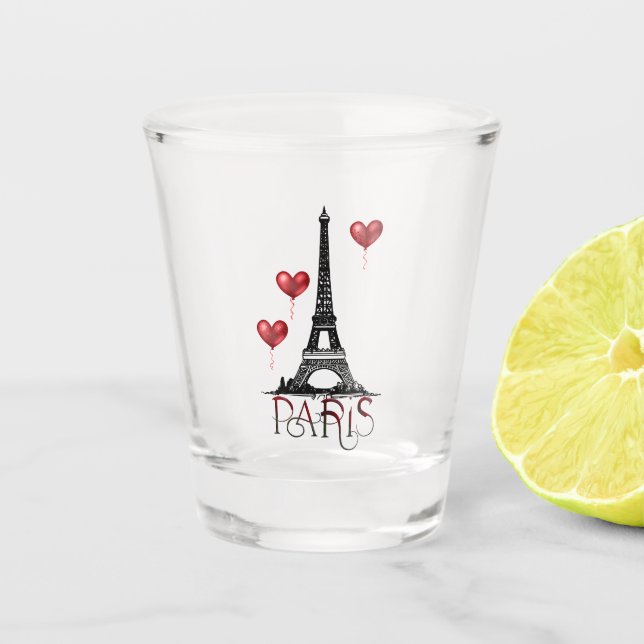 Paris, Eiffel Tower and Red Heart Balloons Shot Glass (Front)