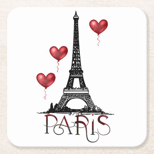 Paris, Eiffel Tower and Red Heart Balloons Square Paper Coaster (Front)