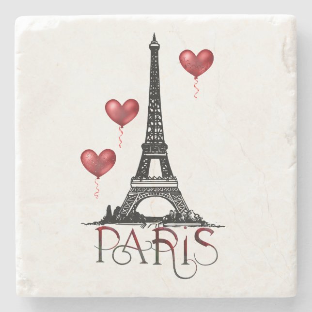 Paris, Eiffel Tower and Red Heart Balloons Stone Coaster (Front)