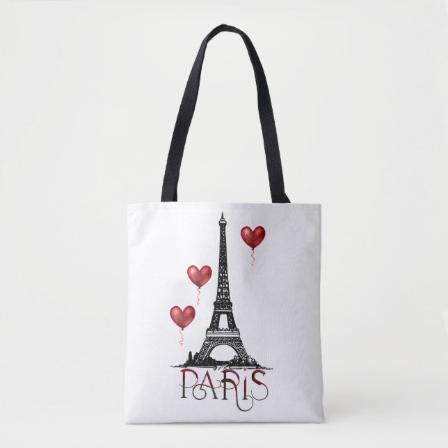 Paris, Eiffel Tower and Red Heart Balloons Tote Bag (Front)