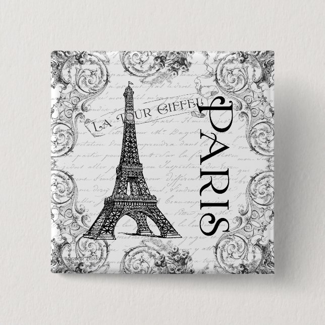 Paris Eiffel Tower and Scrolls 2 Inch Square Button (Front)