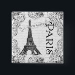 Paris Eiffel Tower and Scrolls 2 Inch Square Button<br><div class="desc">Lovely black and white design with the Eiffel Tower,  Paris and French script writing.   If you need help or for a special order contact Greer at greerdesign@aol.com</div>