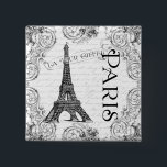 Paris Eiffel Tower and Scrolls 2 Inch Square Button<br><div class="desc">Lovely black and white design with the Eiffel Tower,  Paris and French script writing.   If you need help or for a special order contact Greer at greerdesign@aol.com</div>