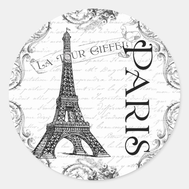 Paris Eiffel Tower and Scrolls Classic Round Sticker (Front)