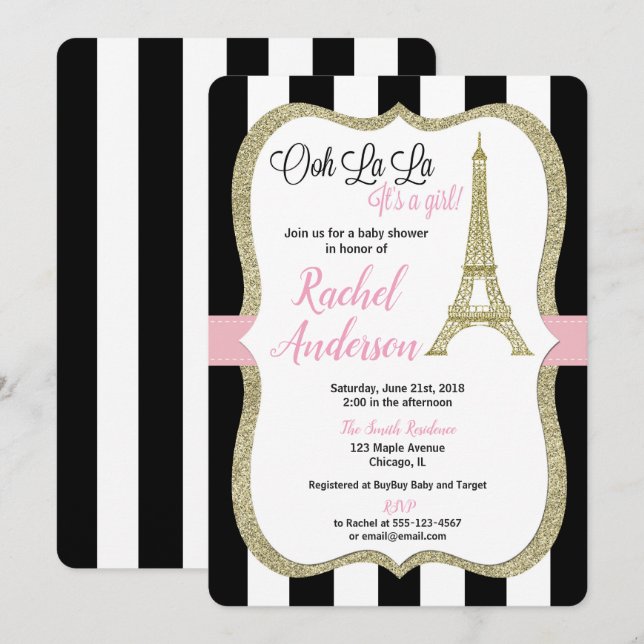 Paris Eiffel tower baby shower invitation girl (Front/Back)