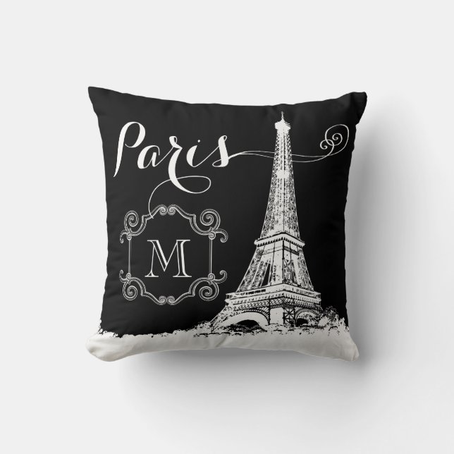 Paris Eiffel Tower Black and White Monogrammed Throw Pillow (Front)
