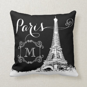 Paris Eiffel Tower Black and White Monogrammed Throw Pillow