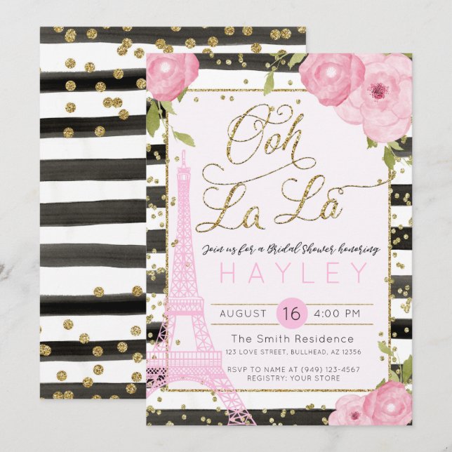Paris Eiffel Tower Black Gold Bridal Shower Invite (Front/Back)