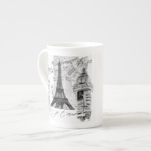 Paris Eiffel Tower Black & White Collage French Bone China Mug (Front Left)