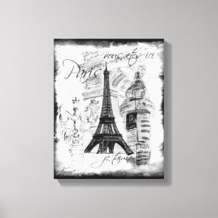 Paris Eiffel Tower Black & White Collage Scene Canvas Print