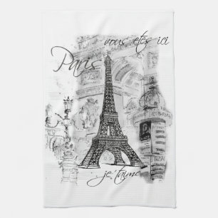 Paris Eiffel Tower Black & White Collage Scene Kitchen Towel