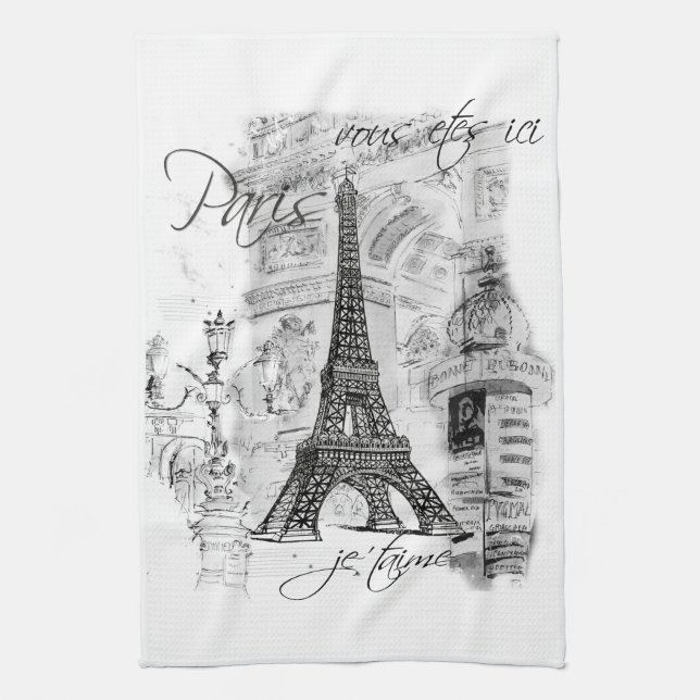 Paris Eiffel Tower Black & White Collage Scene Kitchen Towel (Vertical)