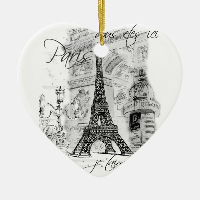 Paris Eiffel Tower Black & White Scene Ceramic Ornament (Front)
