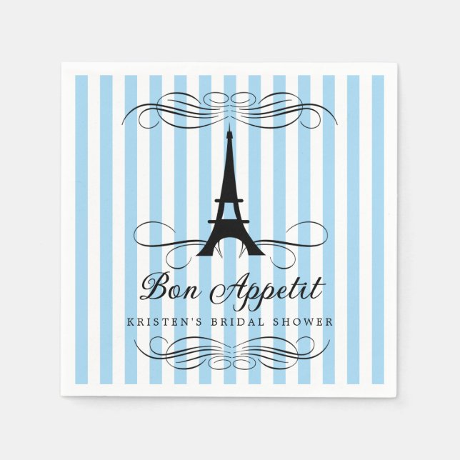 Paris Eiffel Tower Blue Stripes Bridal Shower Napkin (Front)