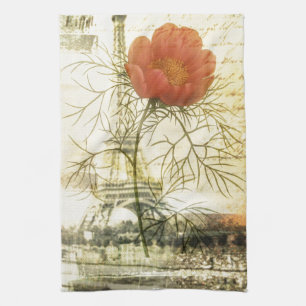 Paris eiffel tower botanical red poppy flower kitchen towel